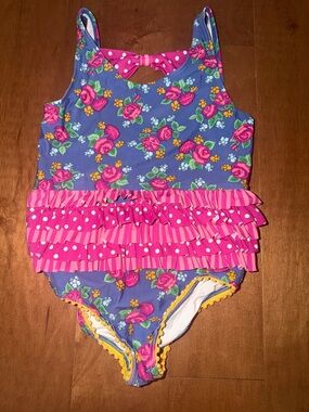 Matilda Jane Blue Floral One-Piece Swimsuit with Pink Ruffles